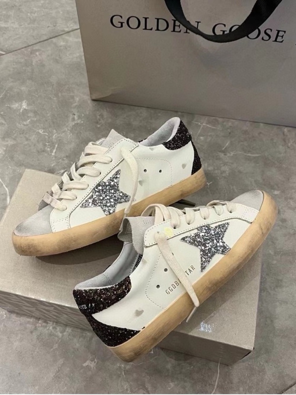 Golden Goose White Sneakers with Silver Glitter Star and Black Glitter Heel